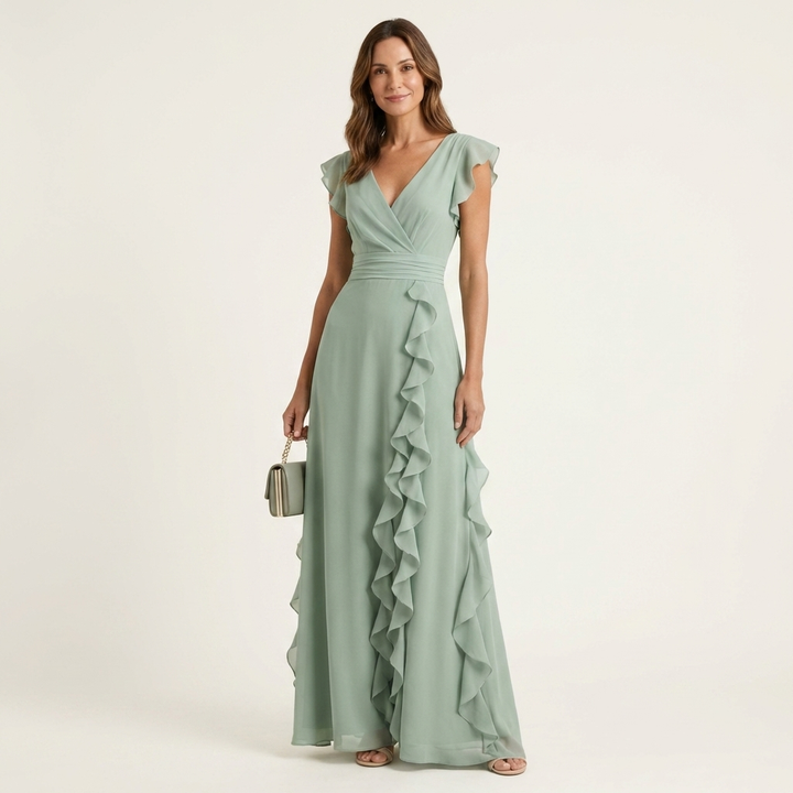 Nellyana | Robe longue portefeuille col V à manches papillon et volant en cascade