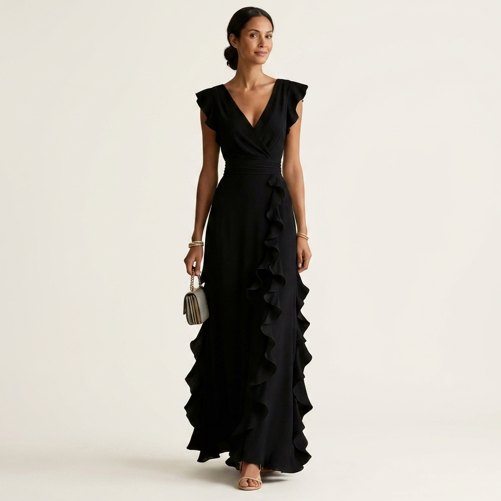 Nellyana | Robe longue portefeuille col V à manches papillon et volant en cascade