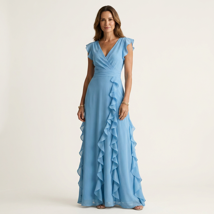 Nellyana | Robe longue portefeuille col V à manches papillon et volant en cascade