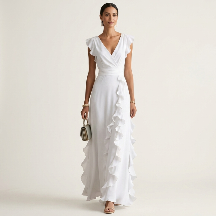 Nellyana | Robe longue portefeuille col V à manches papillon et volant en cascade