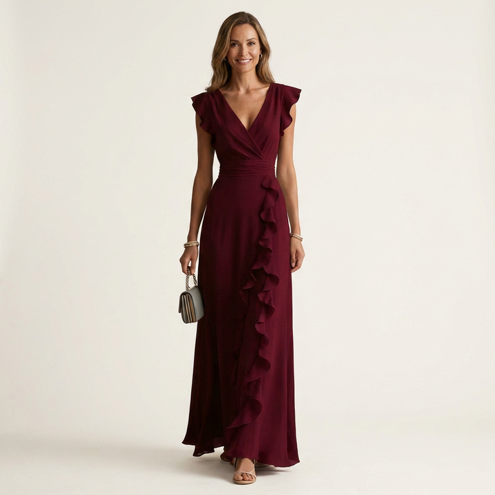 Nellyana | Robe longue portefeuille col V à manches papillon et volant en cascade