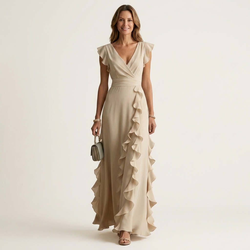 Nellyana | Robe longue portefeuille col V à manches papillon et volant en cascade