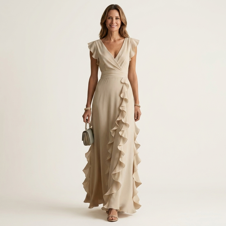 Nellyana | Robe longue portefeuille col V à manches papillon et volant en cascade