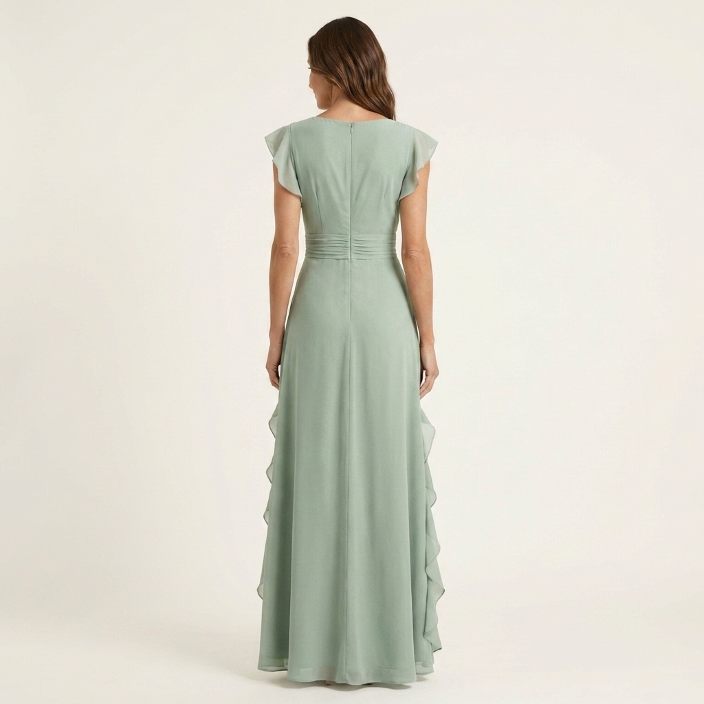 Nellyana | Robe longue portefeuille col V à manches papillon et volant en cascade
