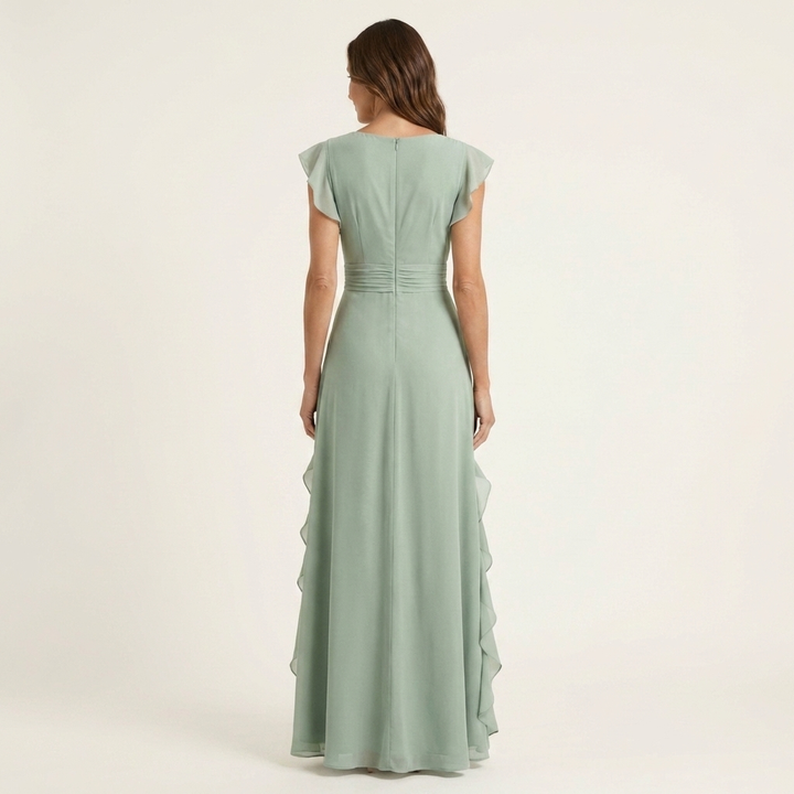Nellyana | Robe longue portefeuille col V à manches papillon et volant en cascade