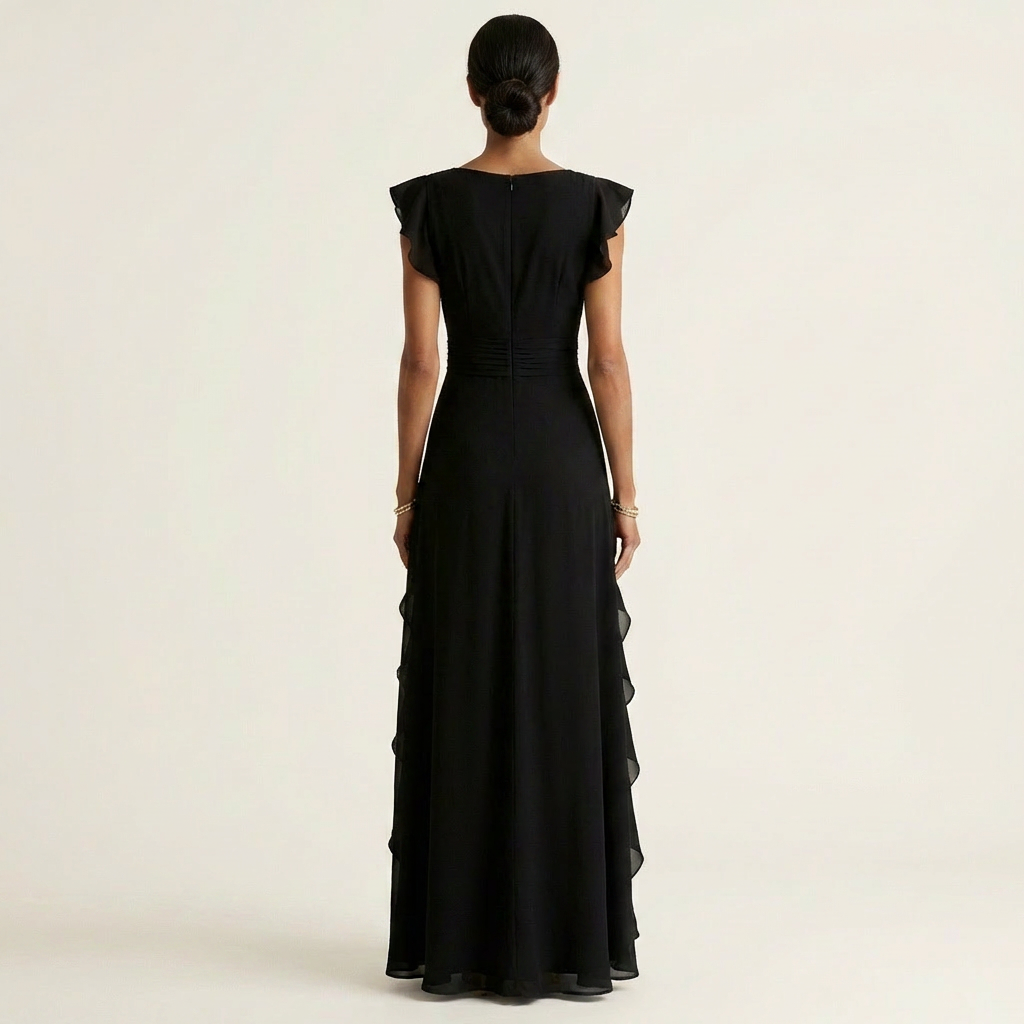 Nellyana | Robe longue portefeuille col V à manches papillon et volant en cascade
