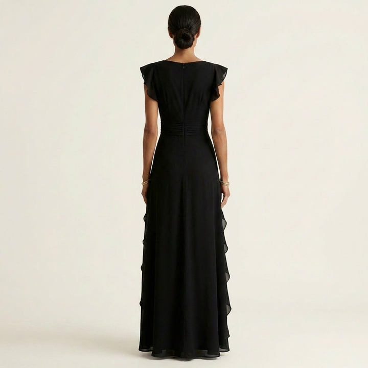 Nellyana | Robe longue portefeuille col V à manches papillon et volant en cascade