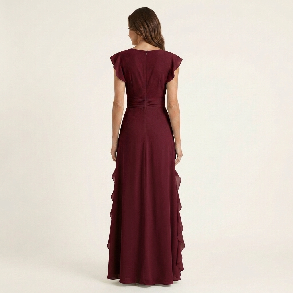 Nellyana | Robe longue portefeuille col V à manches papillon et volant en cascade