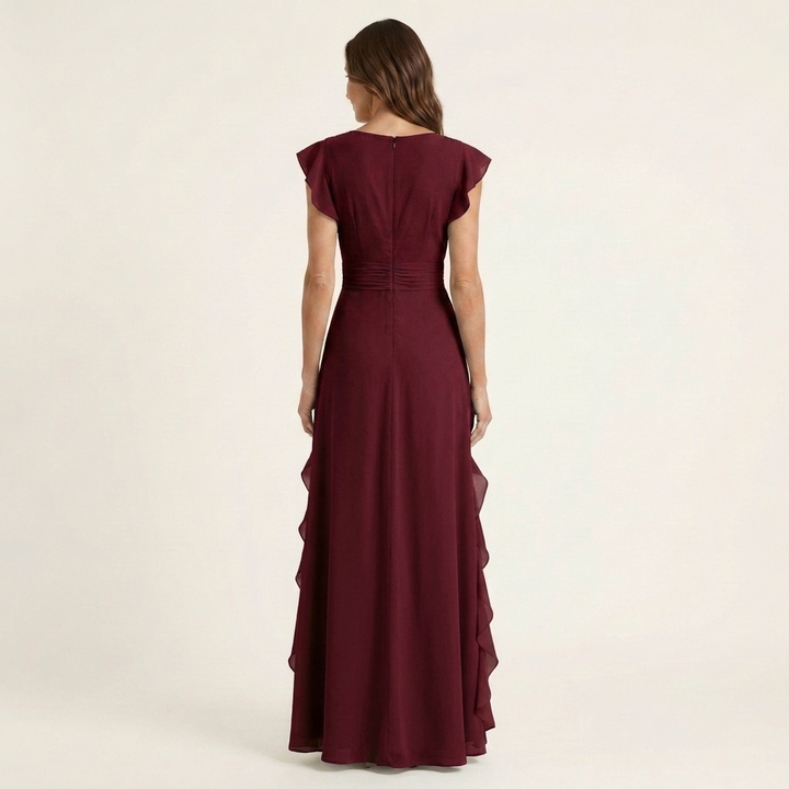 Nellyana | Robe longue portefeuille col V à manches papillon et volant en cascade