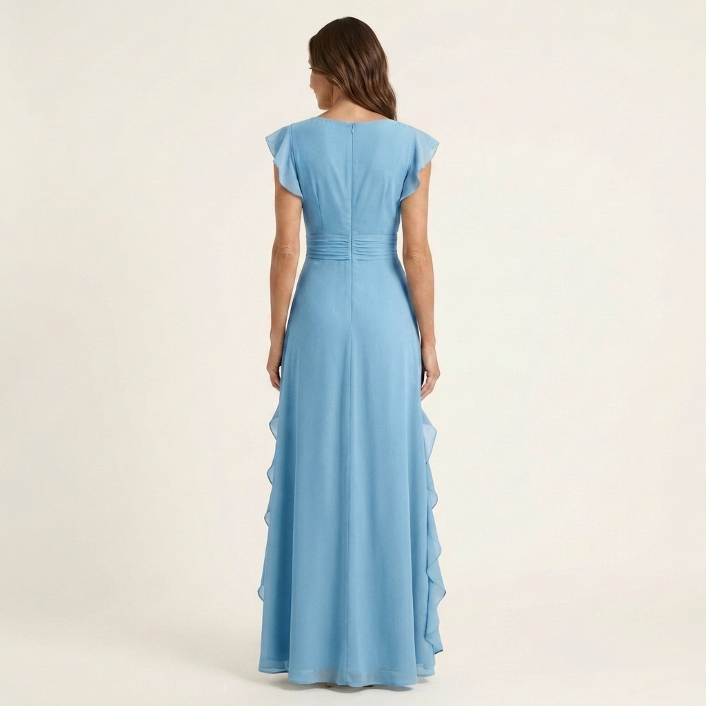 Nellyana | Robe longue portefeuille col V à manches papillon et volant en cascade