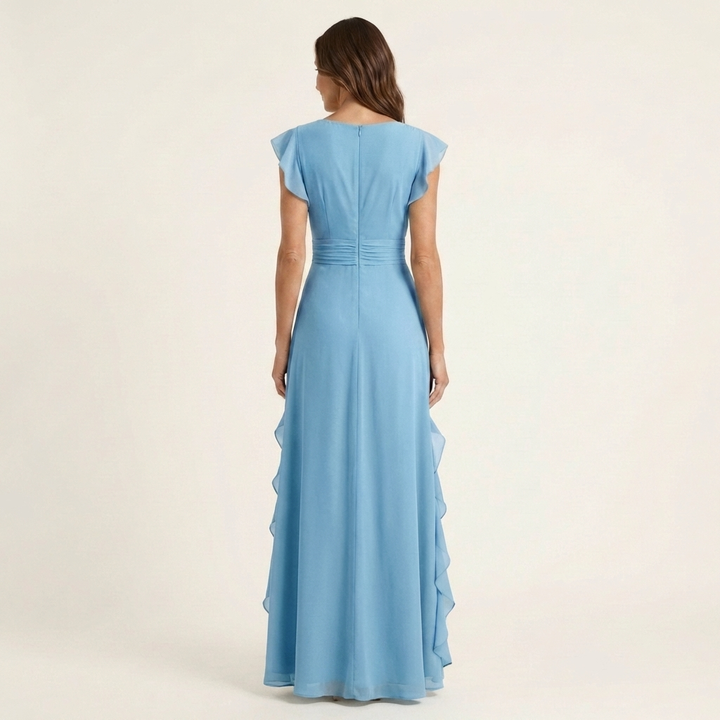 Nellyana | Robe longue portefeuille col V à manches papillon et volant en cascade