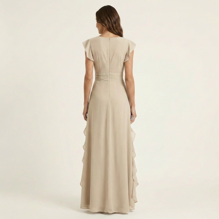Nellyana | Robe longue portefeuille col V à manches papillon et volant en cascade