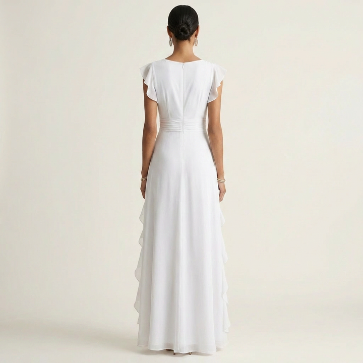 Nellyana | Robe longue portefeuille col V à manches papillon et volant en cascade