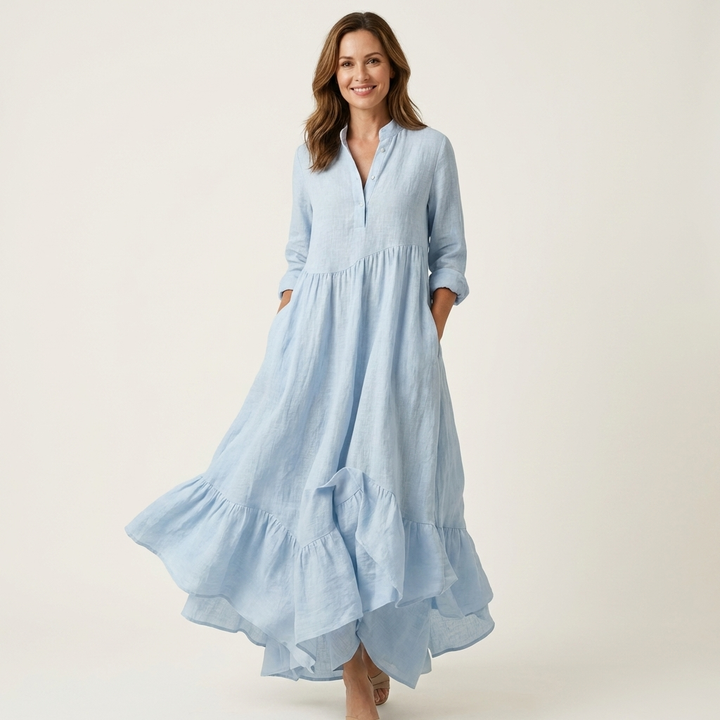 Jilana | Robe longue col monté boutonnée à ourlet volanté