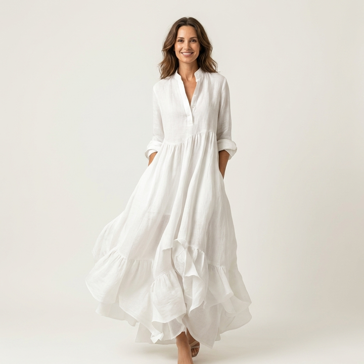 Jilana | Robe longue col monté boutonnée à ourlet volanté