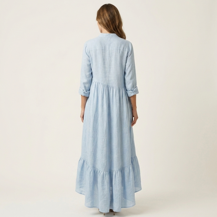 Jilana | Robe longue col monté boutonnée à ourlet volanté