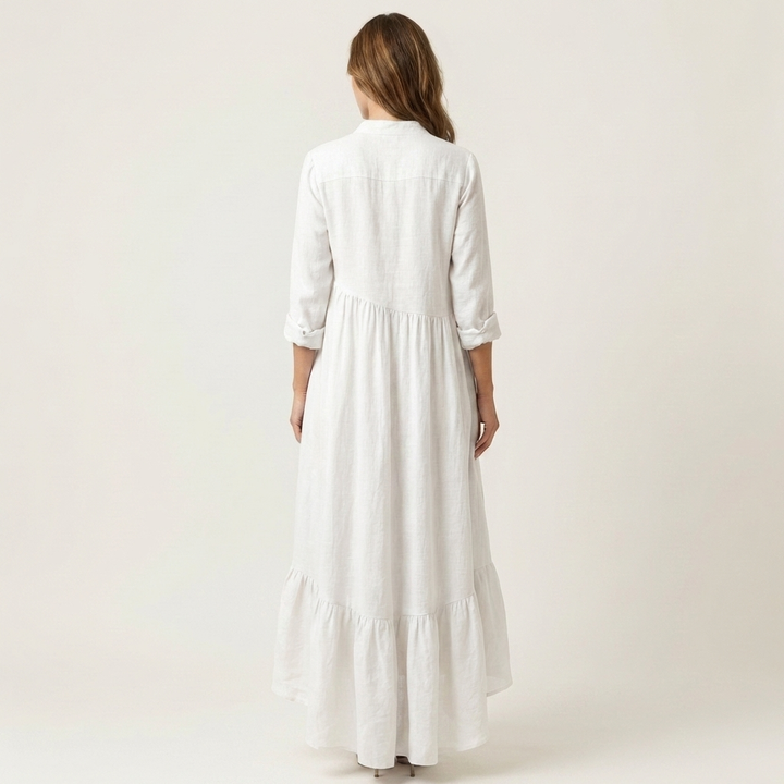 Jilana | Robe longue col monté boutonnée à ourlet volanté