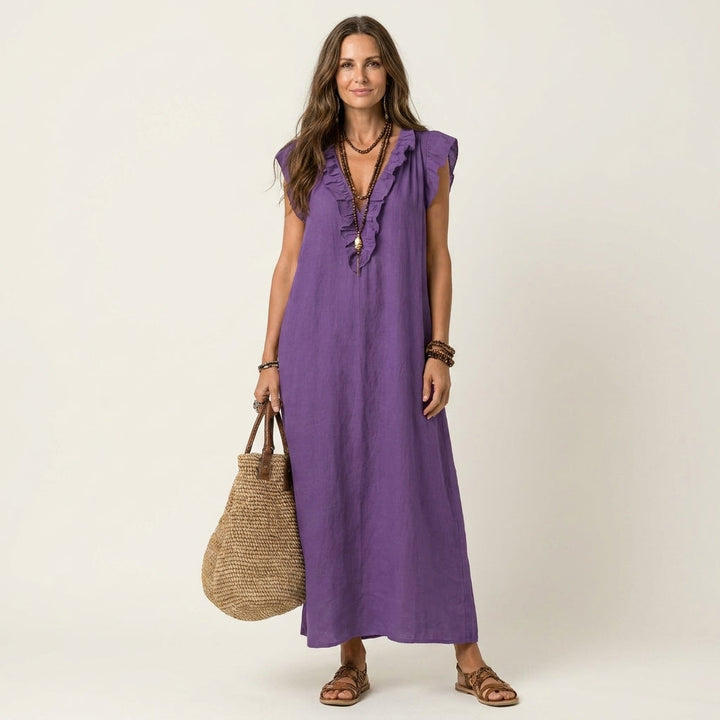 Josette | Robe longue en lin à col V à volants