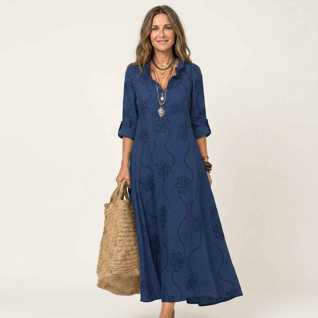 Mariam | Robe longue en coton-lin à broderie florale ton sur ton