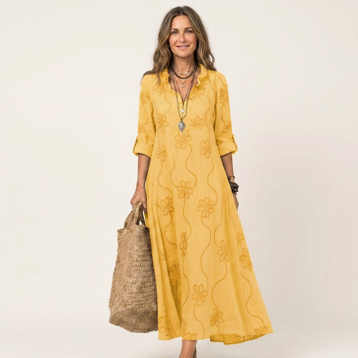 Mariam | Robe longue en coton-lin à broderie florale ton sur ton