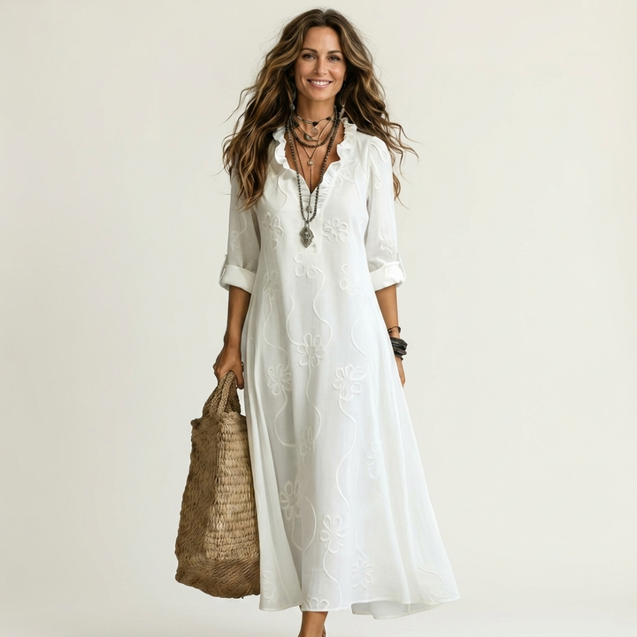 Mariam | Robe longue en coton-lin à broderie florale ton sur ton