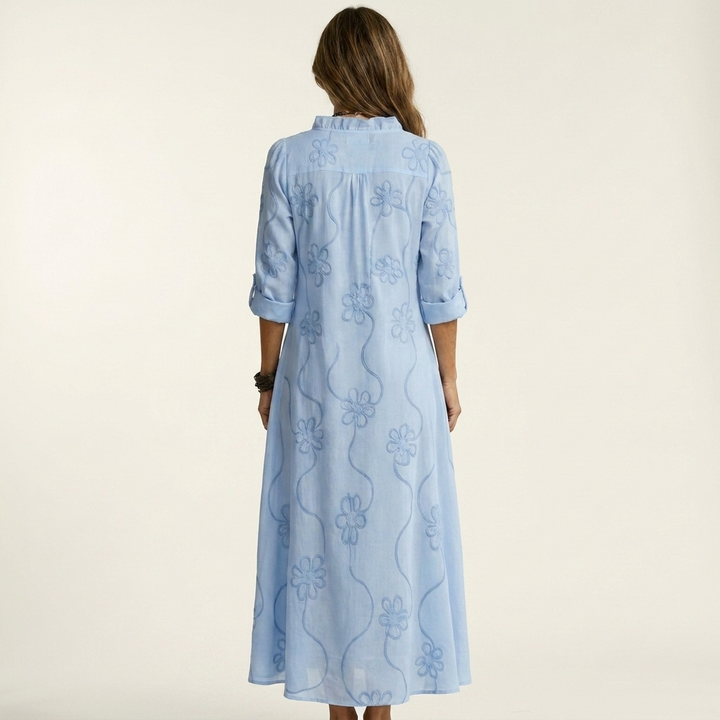 Mariam | Robe longue en coton-lin à broderie florale ton sur ton