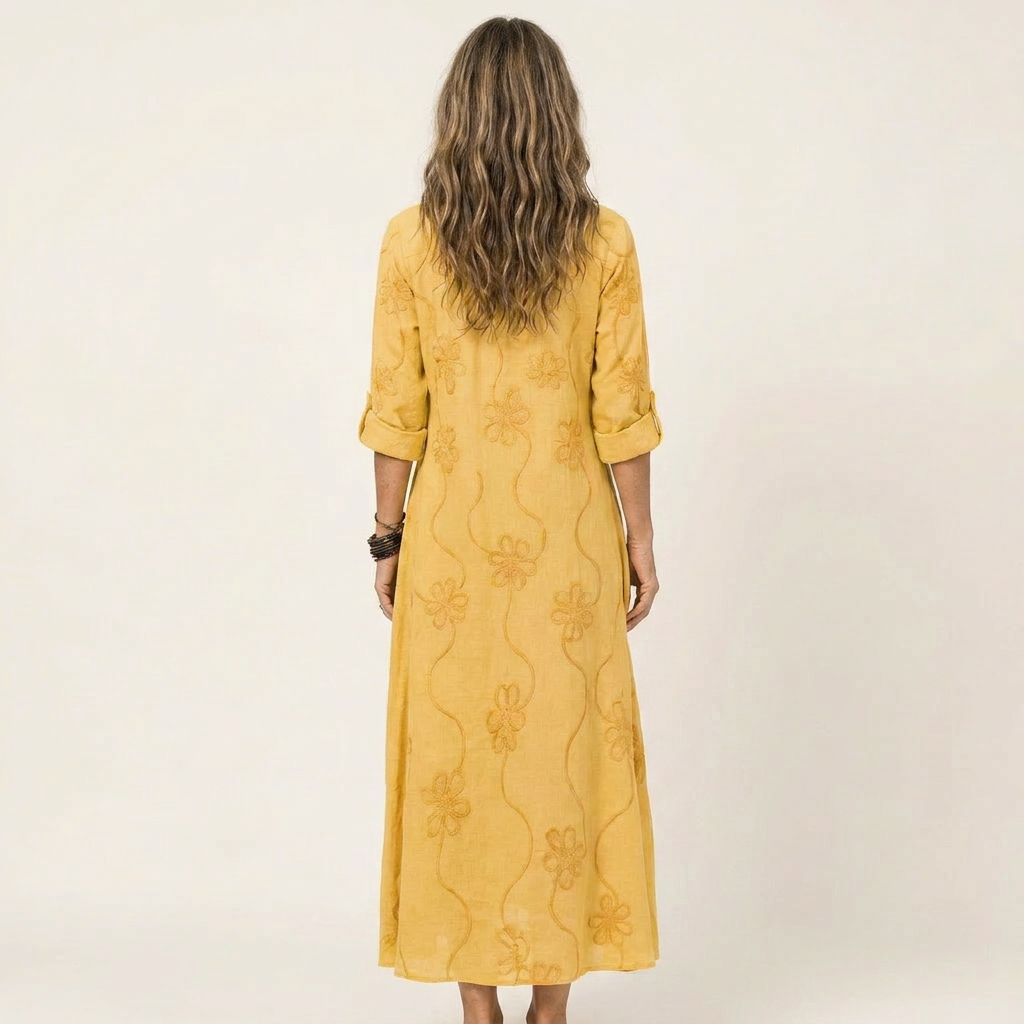 Mariam | Robe longue en coton-lin à broderie florale ton sur ton