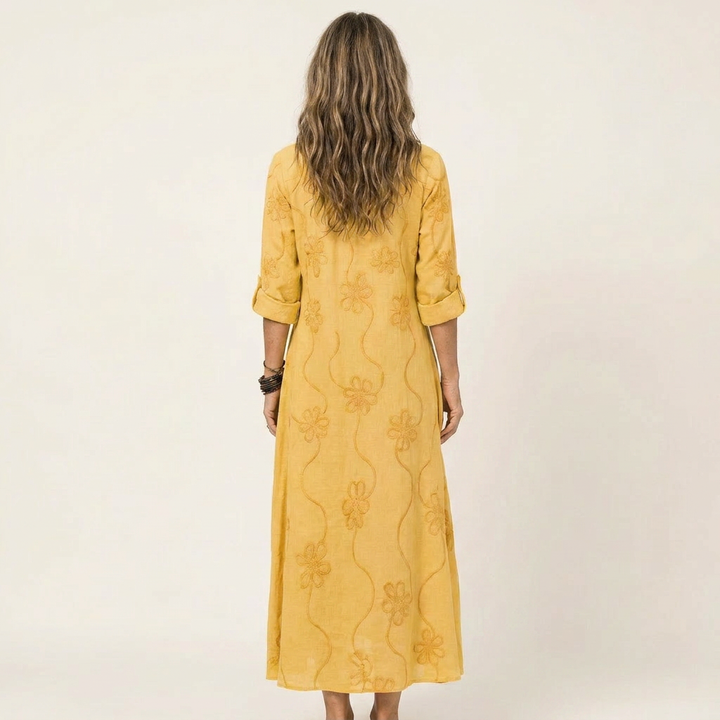 Mariam | Robe longue en coton-lin à broderie florale ton sur ton