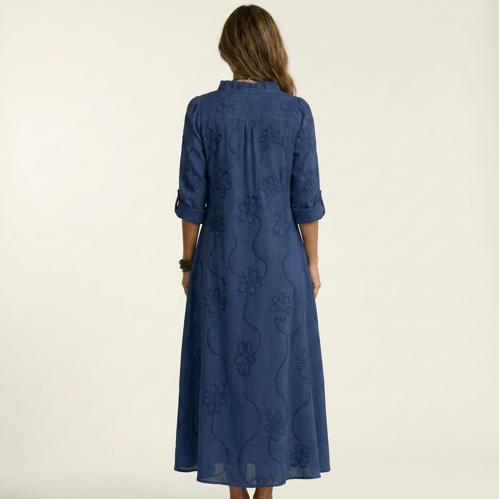 Mariam | Robe longue en coton-lin à broderie florale ton sur ton