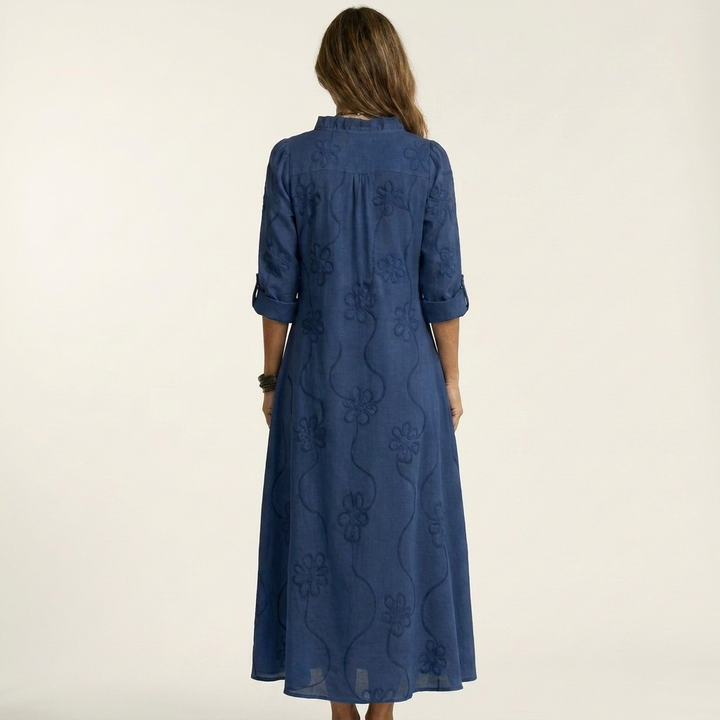 Mariam | Robe longue en coton-lin à broderie florale ton sur ton