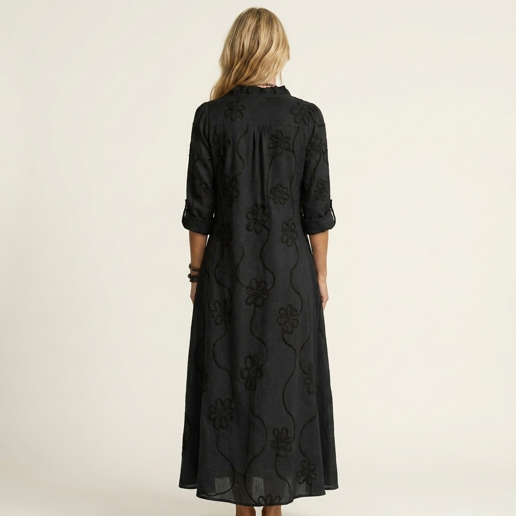 Mariam | Robe longue en coton-lin à broderie florale ton sur ton