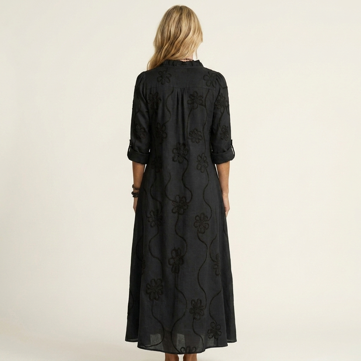 Mariam | Robe longue en coton-lin à broderie florale ton sur ton