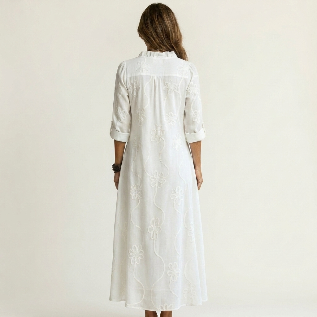 Mariam | Robe longue en coton-lin à broderie florale ton sur ton