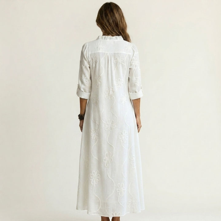 Mariam | Robe longue en coton-lin à broderie florale ton sur ton