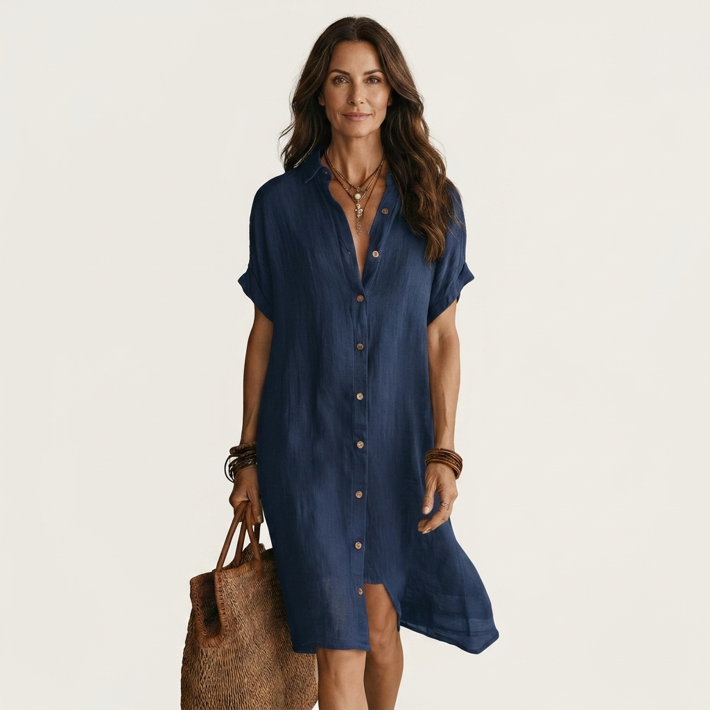 Nidalie | Robe-chemise midi en coton-lin à poignets retroussés