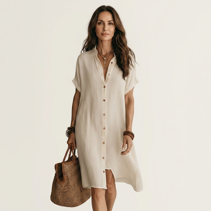 Nidalie | Robe-chemise midi en coton-lin à poignets retroussés