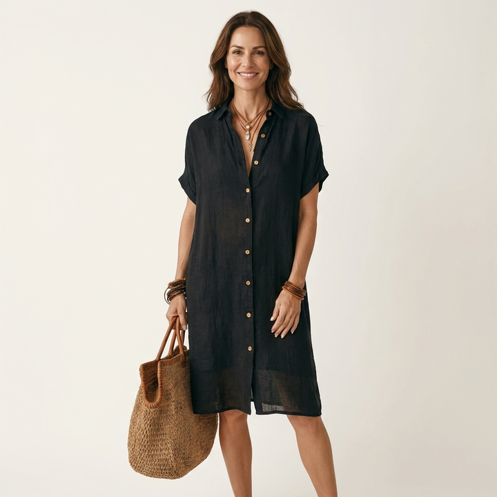 Nidalie | Robe-chemise midi en coton-lin à poignets retroussés