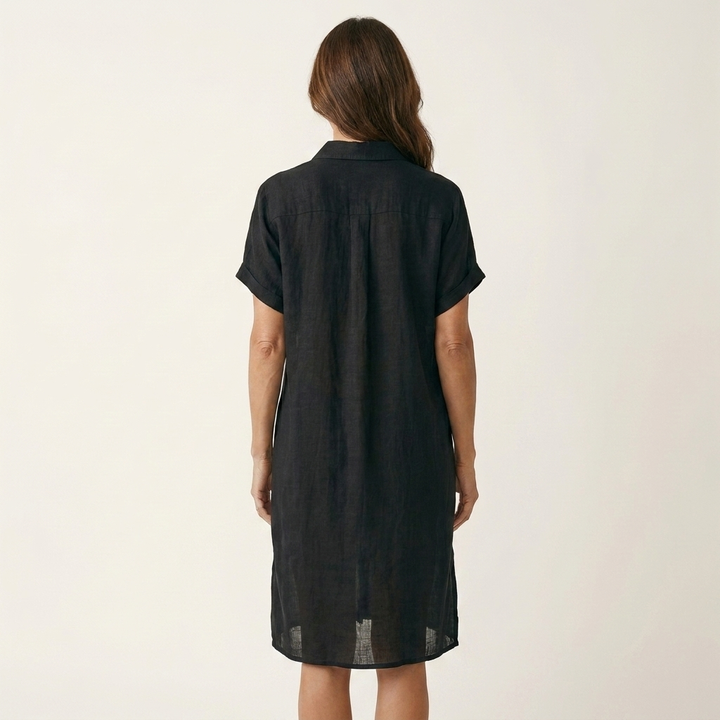 Nidalie | Robe-chemise midi en coton-lin à poignets retroussés