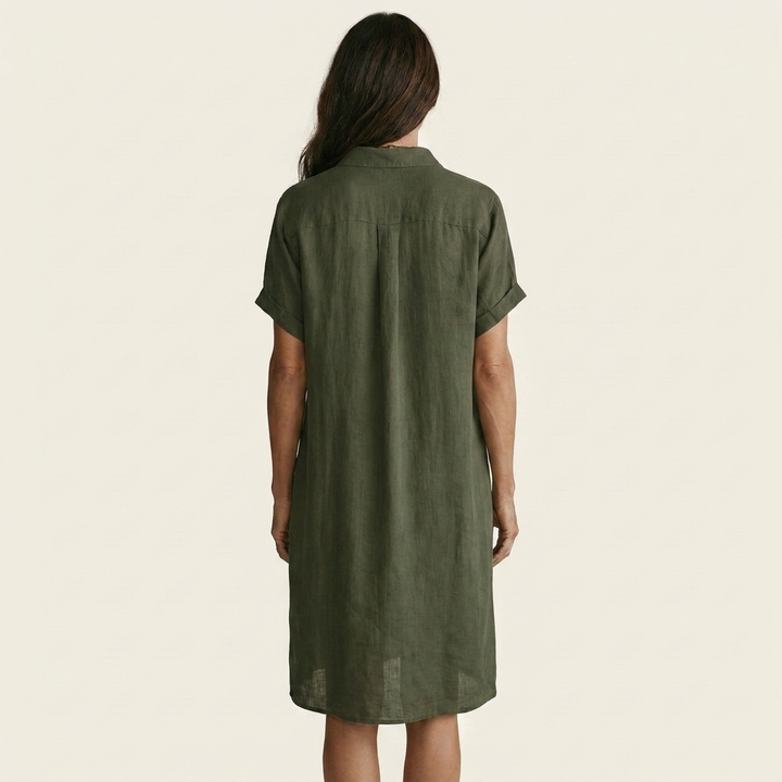 Nidalie | Robe-chemise midi en coton-lin à poignets retroussés