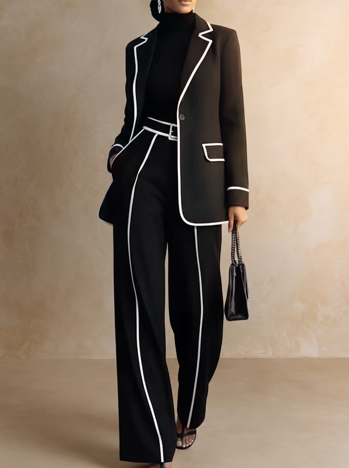 Claudine | Ensemble Deux Pièces Blazer avec Passepoil Contrastant Noir et Pantalon Large