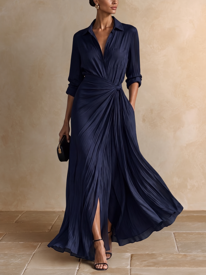 Gabrielle | Élégante Robe Chemise Maxi Bleu Marine Nouée