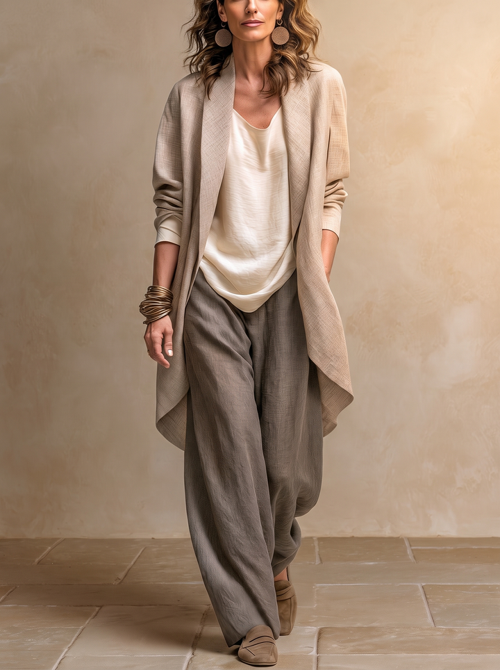 Constance | Ensemble Trois Pièces Beige et Gris, Décontracté à Superpositions avec Pantalon Palazzo, Élégant