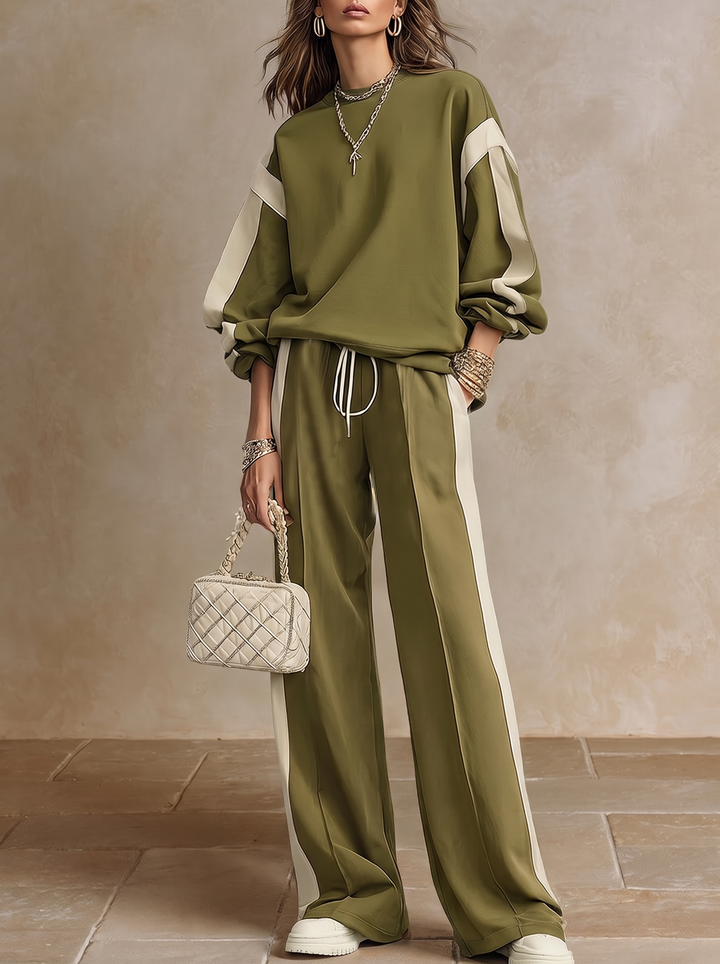 Solange | Sweat Vert Olive Col Rond et Pantalon Large à Cordon Ensemble Casual