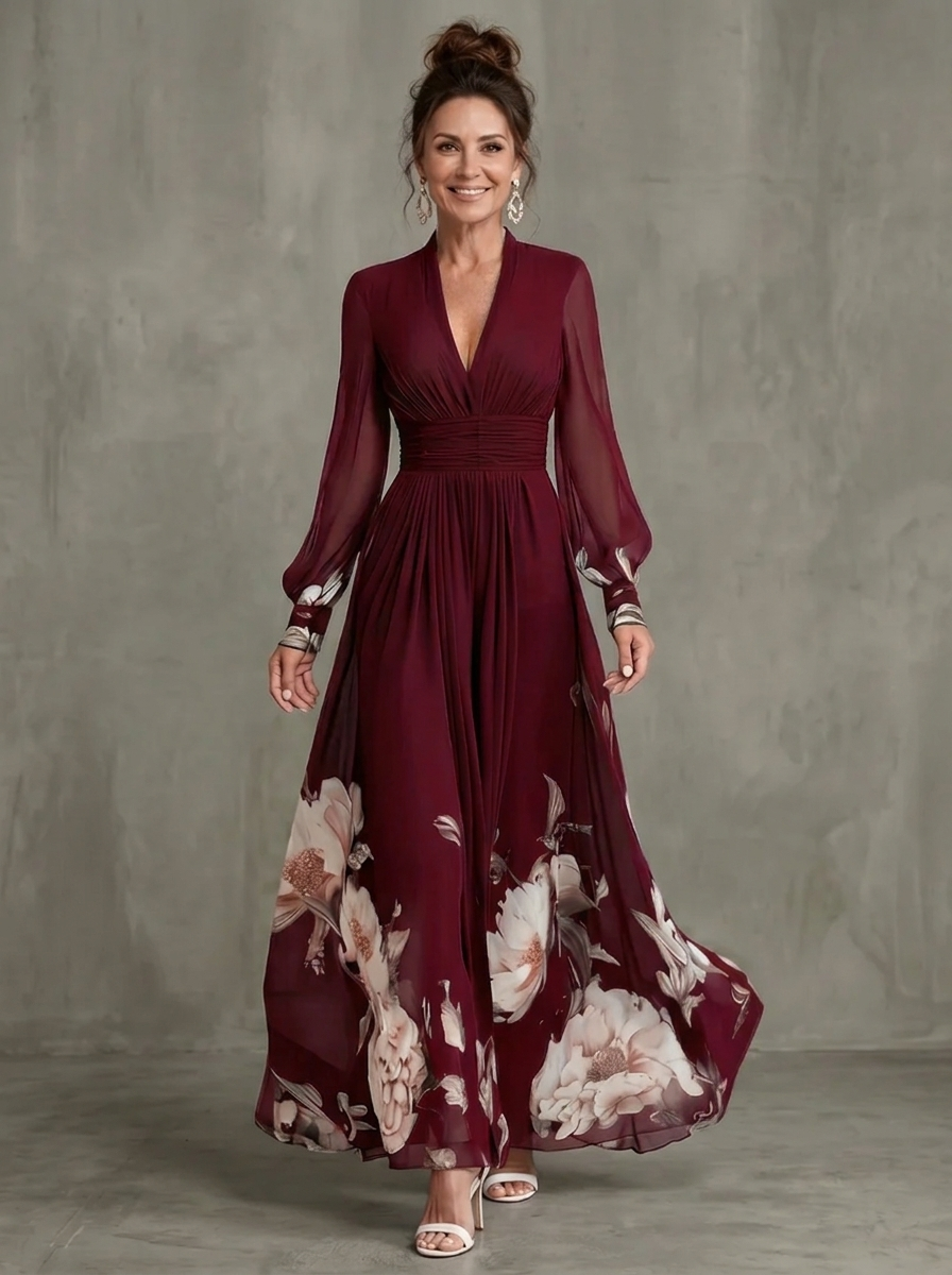 Robe longue fleurie Maude™ avec manches transparentes et détail d’ourlet élégant