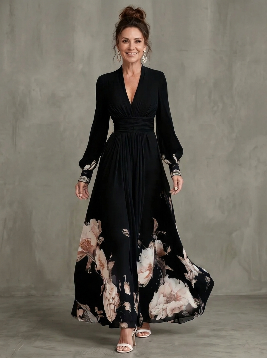 Robe longue fleurie Maude™ avec manches transparentes et détail d’ourlet élégant