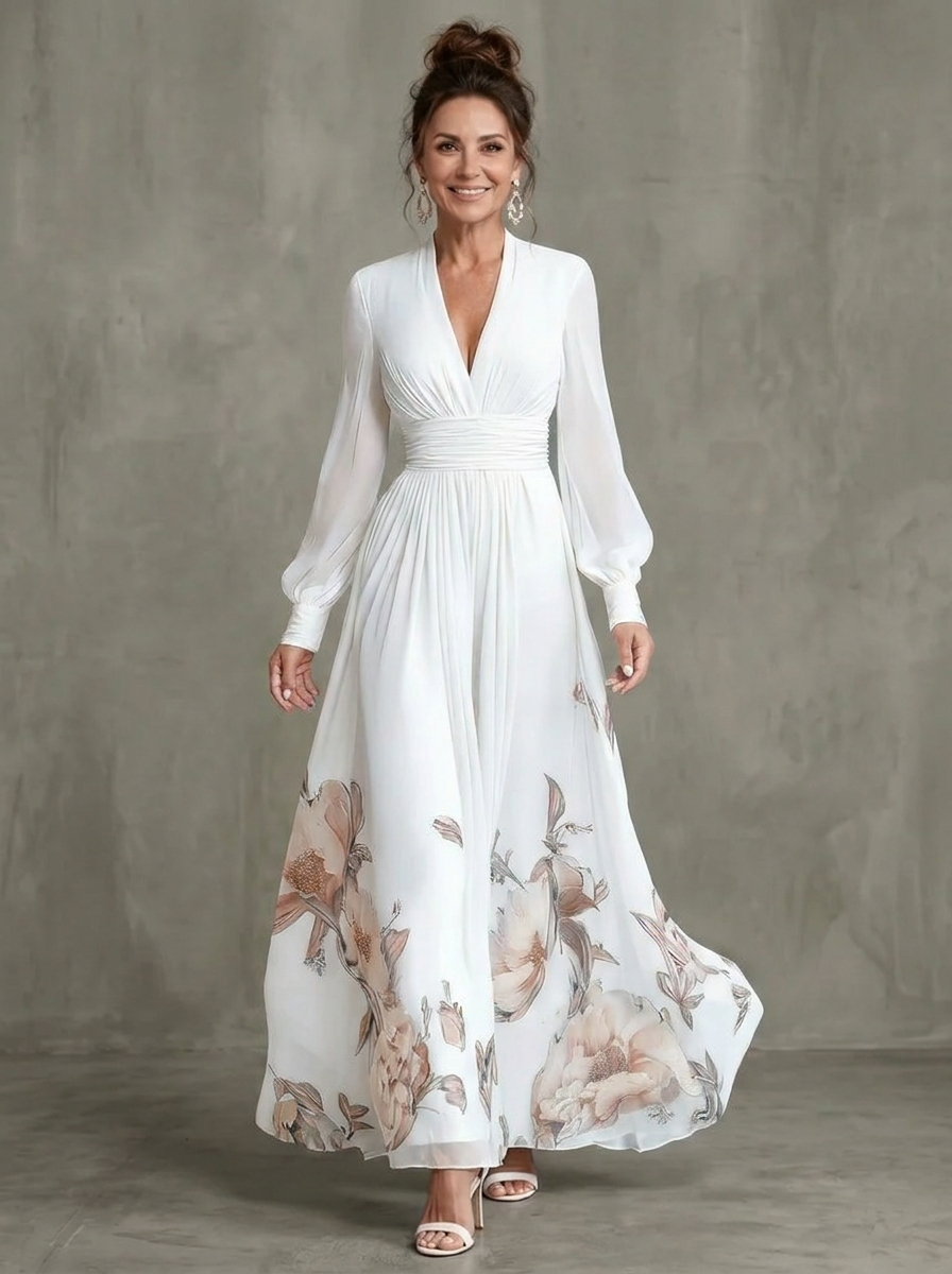Robe longue fleurie Maude™ avec manches transparentes et détail d’ourlet élégant