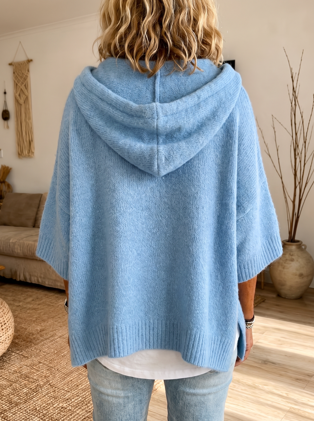 Lea – Pull style poncho bleu ciel