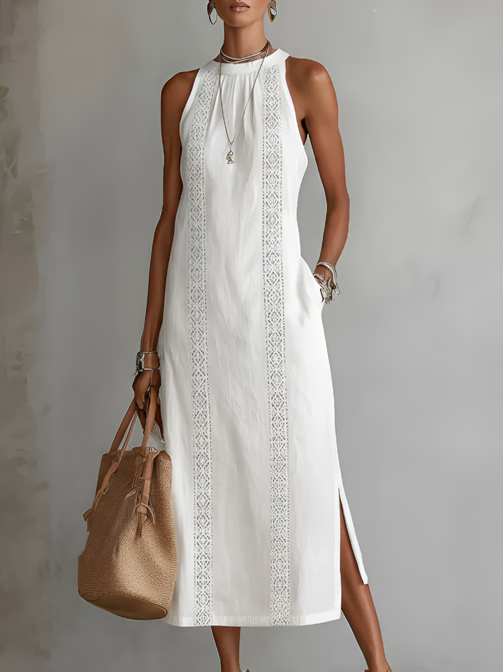 Jimena | Robe midi décontractée brodée à col mao