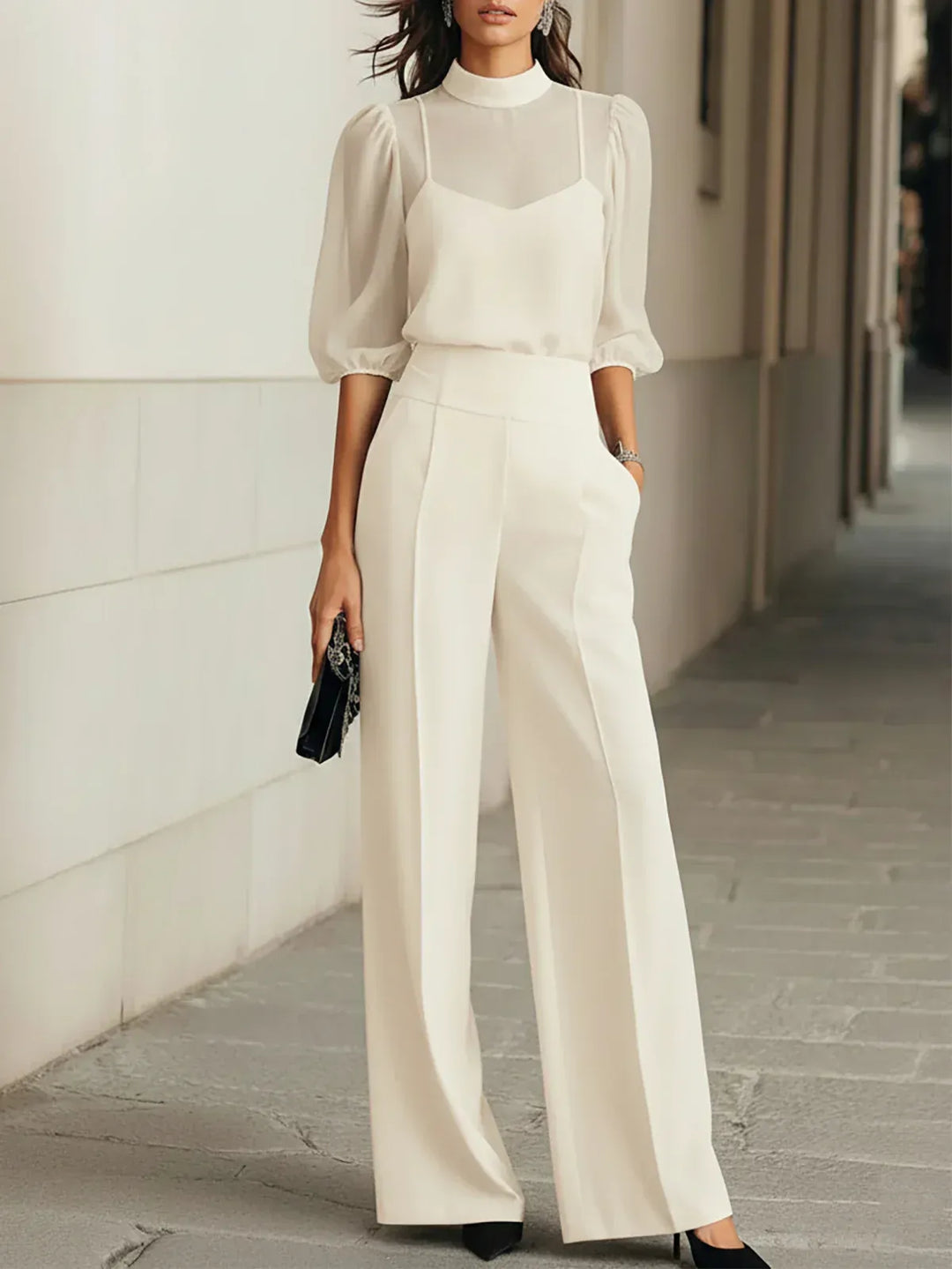 Valentina • Ensemble trois pièces noir avec caraco transparent et pantalon large • S1