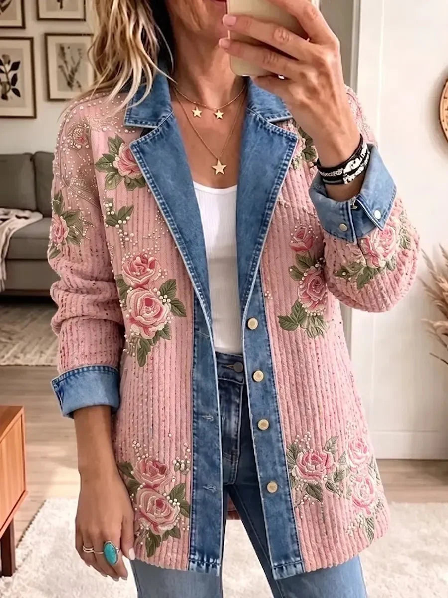 Aria | Blazer en denim vintage élégant à empiècements color-block